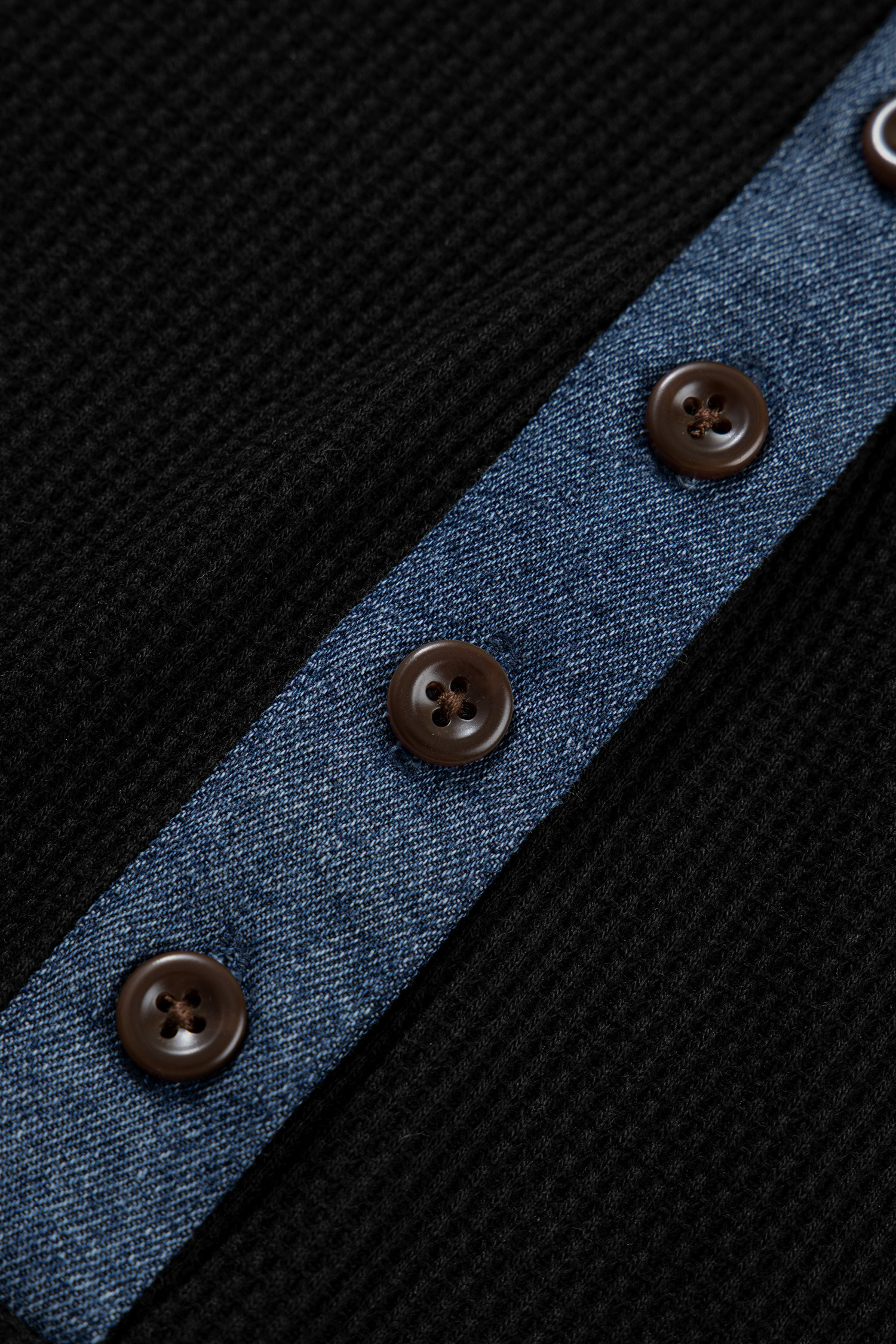 Men's Long Sleeve Black Knit Denim Polo - Stylish Patchwork Design for Fall Outings - Detail View 9 Men's Long Sleeve Black Knit Denim Polo - Stylish Patchwork Design for Fall Outings - Detail View 9