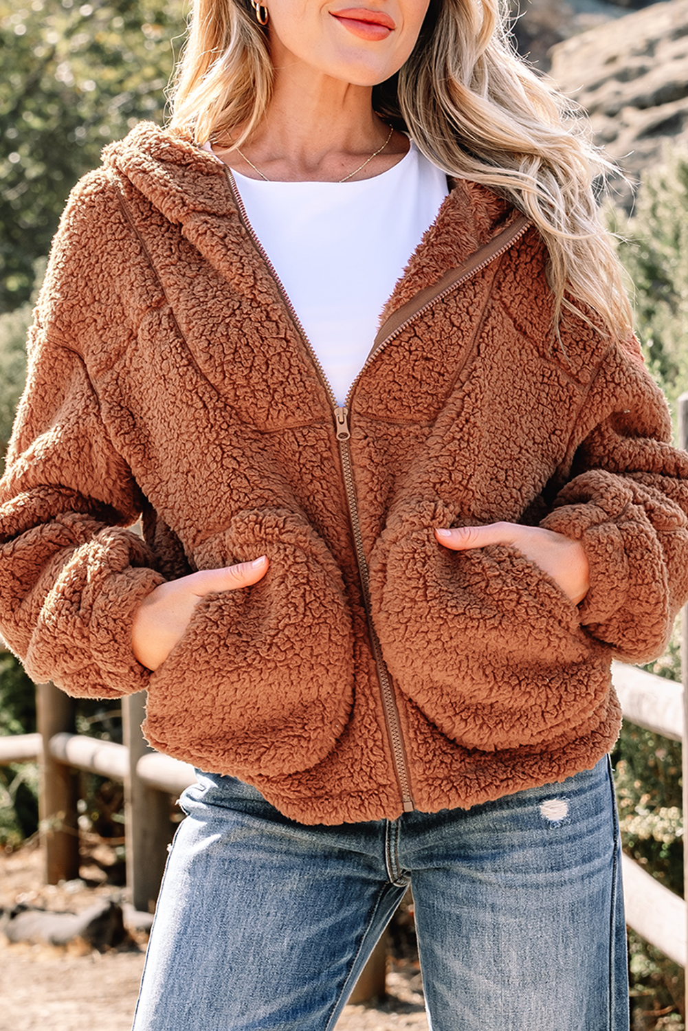 Versatile Straw Yellow Fleece Sherpa Hooded Jacket for Women - Detail View 9 Versatile Straw Yellow Fleece Sherpa Hooded Jacket for Women - Detail View 9