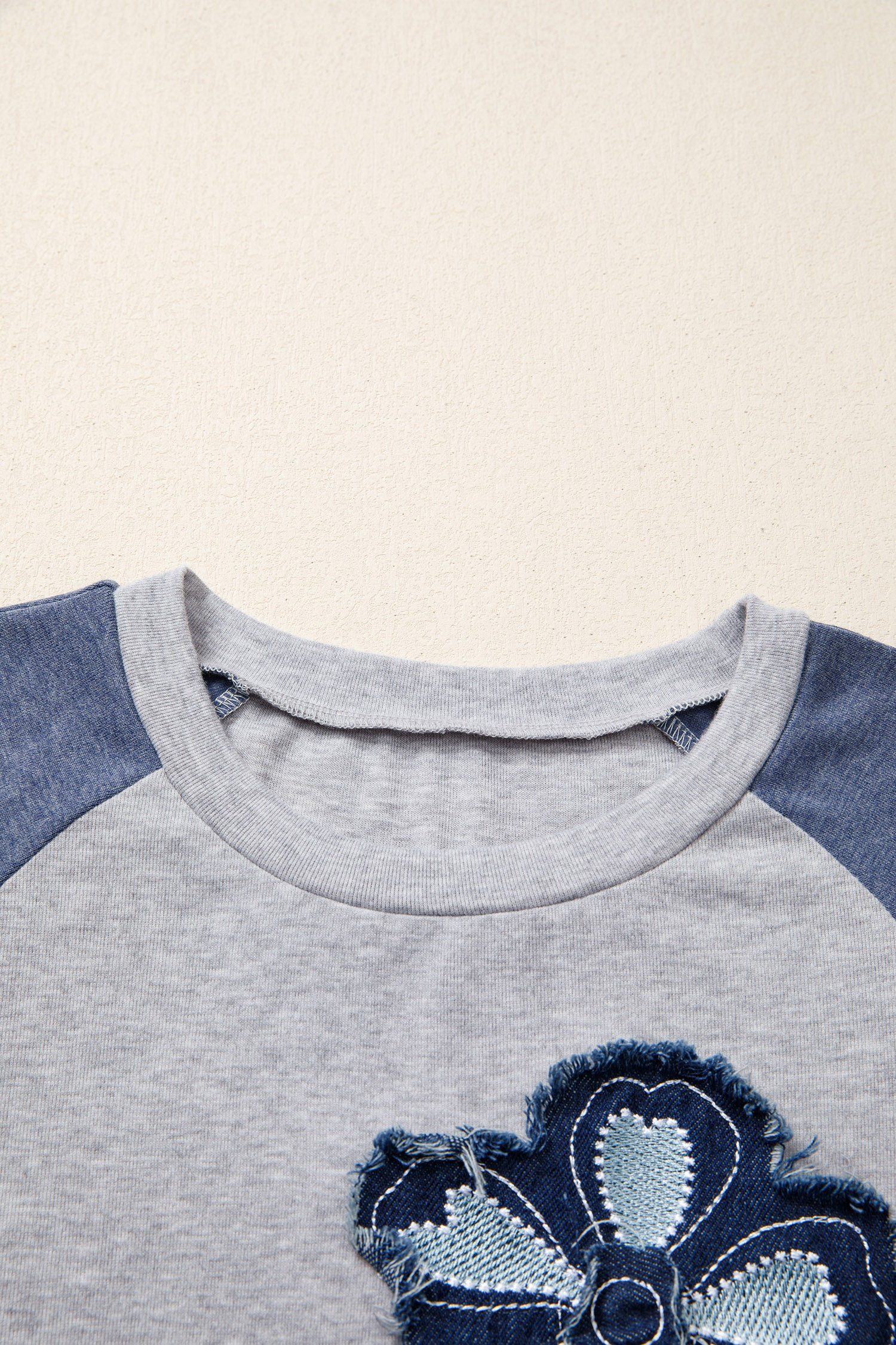 Casual Long Sleeve Raglan Shirt for Women – Dark Blue Floral Embroidery Color Block Top - Detail View 5 Casual Long Sleeve Raglan Shirt for Women – Dark Blue Floral Embroidery Color Block Top - Detail View 5