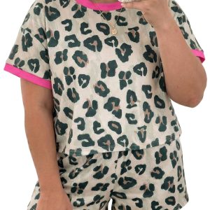 Women's Leopard Print Two-Piece Set – Casual Round Neck Short Sleeve Shift Top and High Waist Shorts - Main View