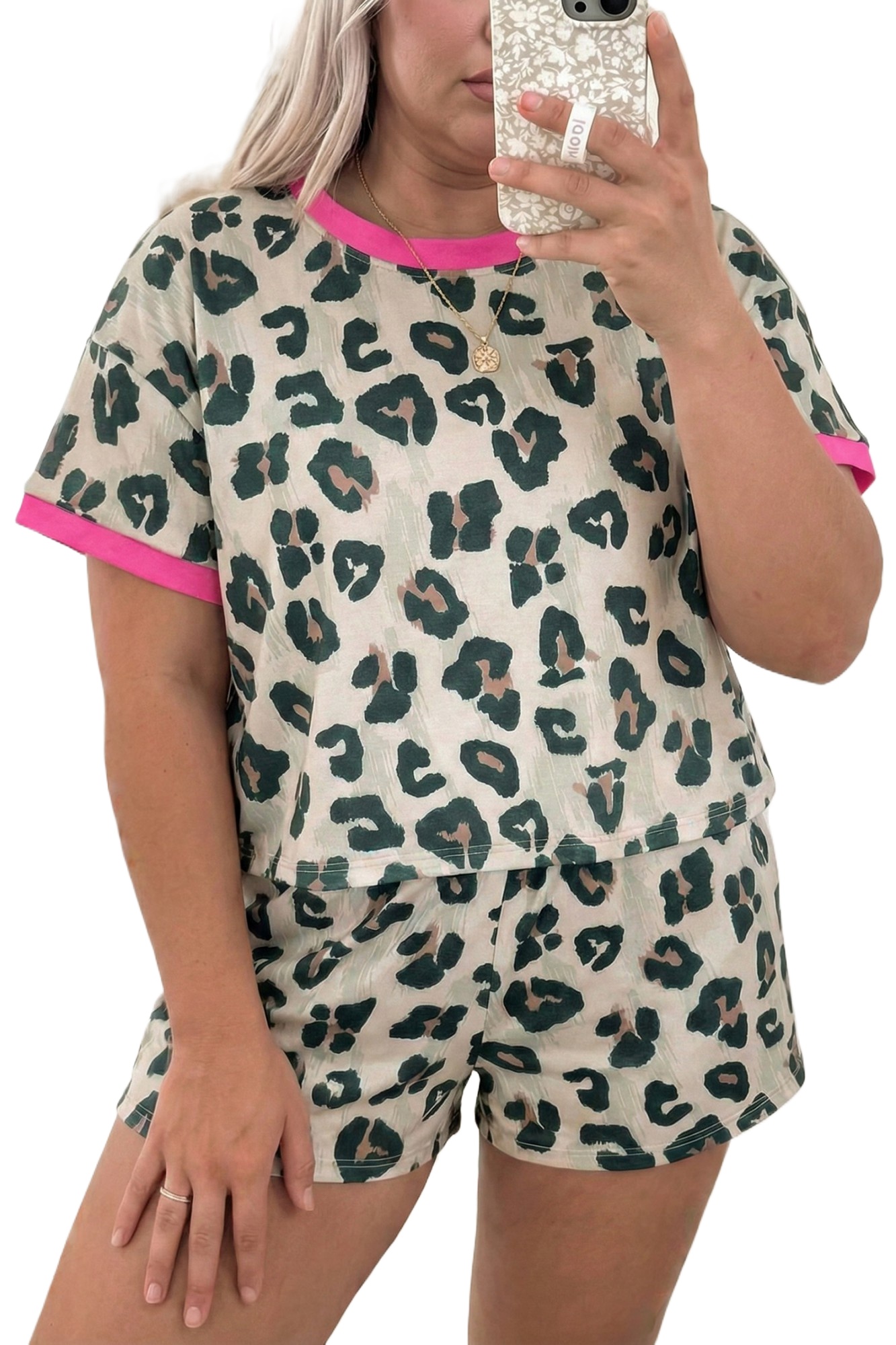 Women's Leopard Print Two-Piece Set – Casual Round Neck Short Sleeve Shift Top and High Waist Shorts - Main View Women's Leopard Print Two-Piece Set – Casual Round Neck Short Sleeve Shift Top and High Waist Shorts - Main View