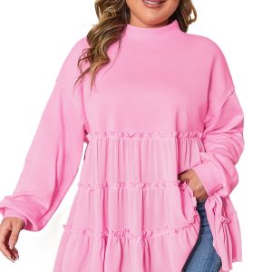 Plus Size Pink Tiered Ruffle Ribbed Crew Neck Pullover Top for Women - Main View
