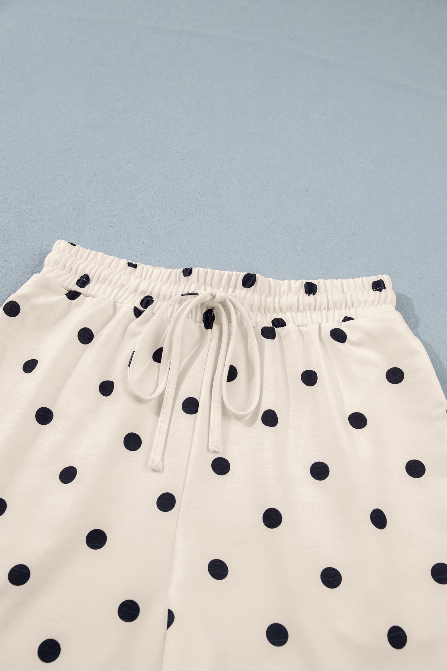 White Polka Dot Short Set for Women – Exposed Seam Detail Loose Tee and Shorts, Trendy Casual Style - Detail View 11 White Polka Dot Short Set for Women – Exposed Seam Detail Loose Tee and Shorts, Trendy Casual Style - Detail View 11