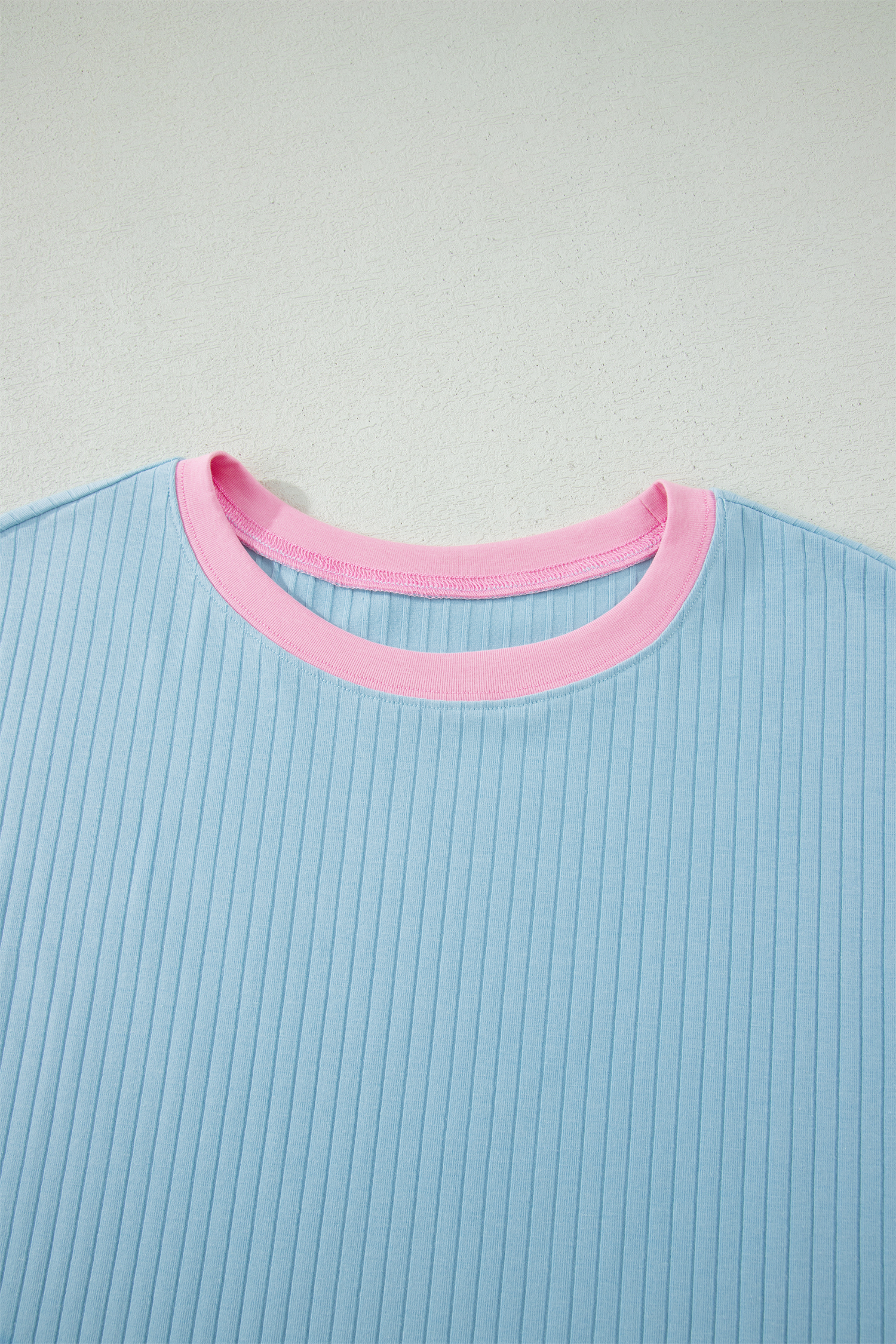 Summer Ribbed Lounge Set for Women - Short Sleeve Mist Blue Colorblock Top and High Waist Shorts - Detail View 5 Summer Ribbed Lounge Set for Women - Short Sleeve Mist Blue Colorblock Top and High Waist Shorts - Detail View 5