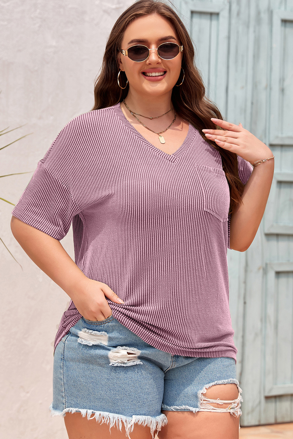 Casual Women's Plus T-Shirt in Valerian – Versatile V-Neck Design for All Seasons - Detail View 3 Casual Women's Plus T-Shirt in Valerian – Versatile V-Neck Design for All Seasons - Detail View 3