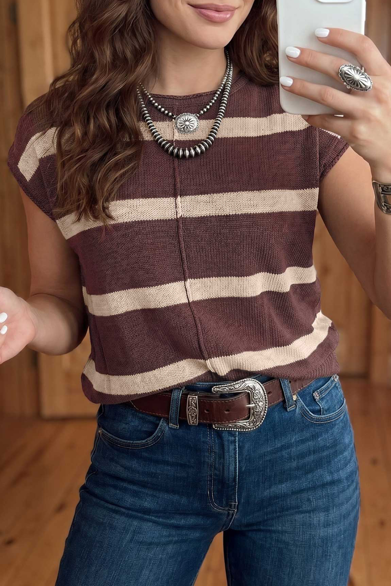 Western Style Striped Sweater, Round Neck Short Sleeve Knit - Detail View 2 Western Style Striped Sweater, Round Neck Short Sleeve Knit - Detail View 2