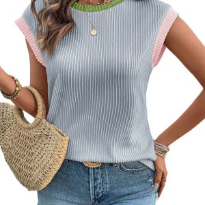 Women's Beau Blue Color Block Knit Tee – Casual Summer Style for Daily Wear - Main View