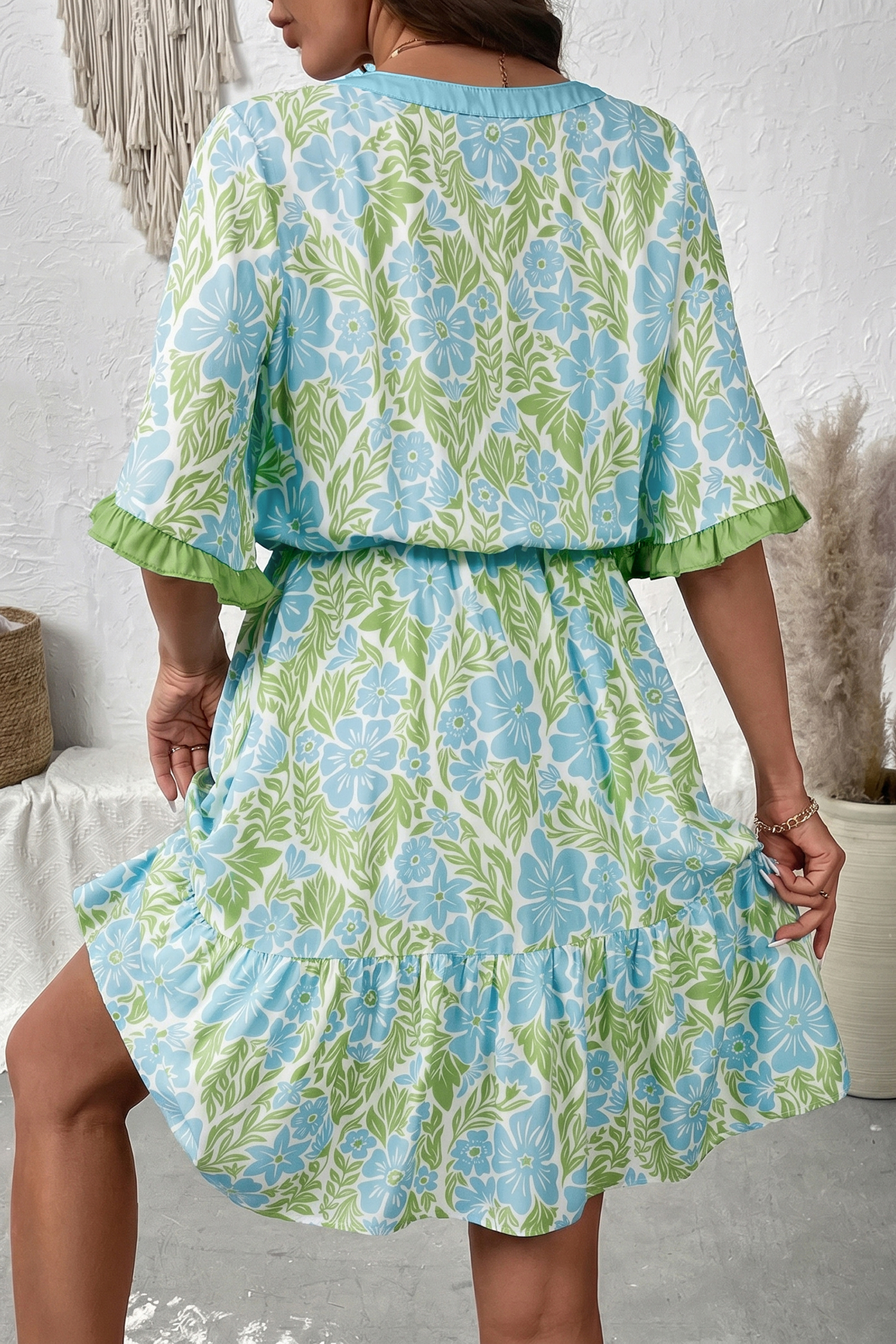 Women's Sky Blue Floral Shift Mini Dress – Elegant Ruffle Short Sleeve, High Waist Vacation Style - Detail View 2 Women's Sky Blue Floral Shift Mini Dress – Elegant Ruffle Short Sleeve, High Waist Vacation Style - Detail View 2