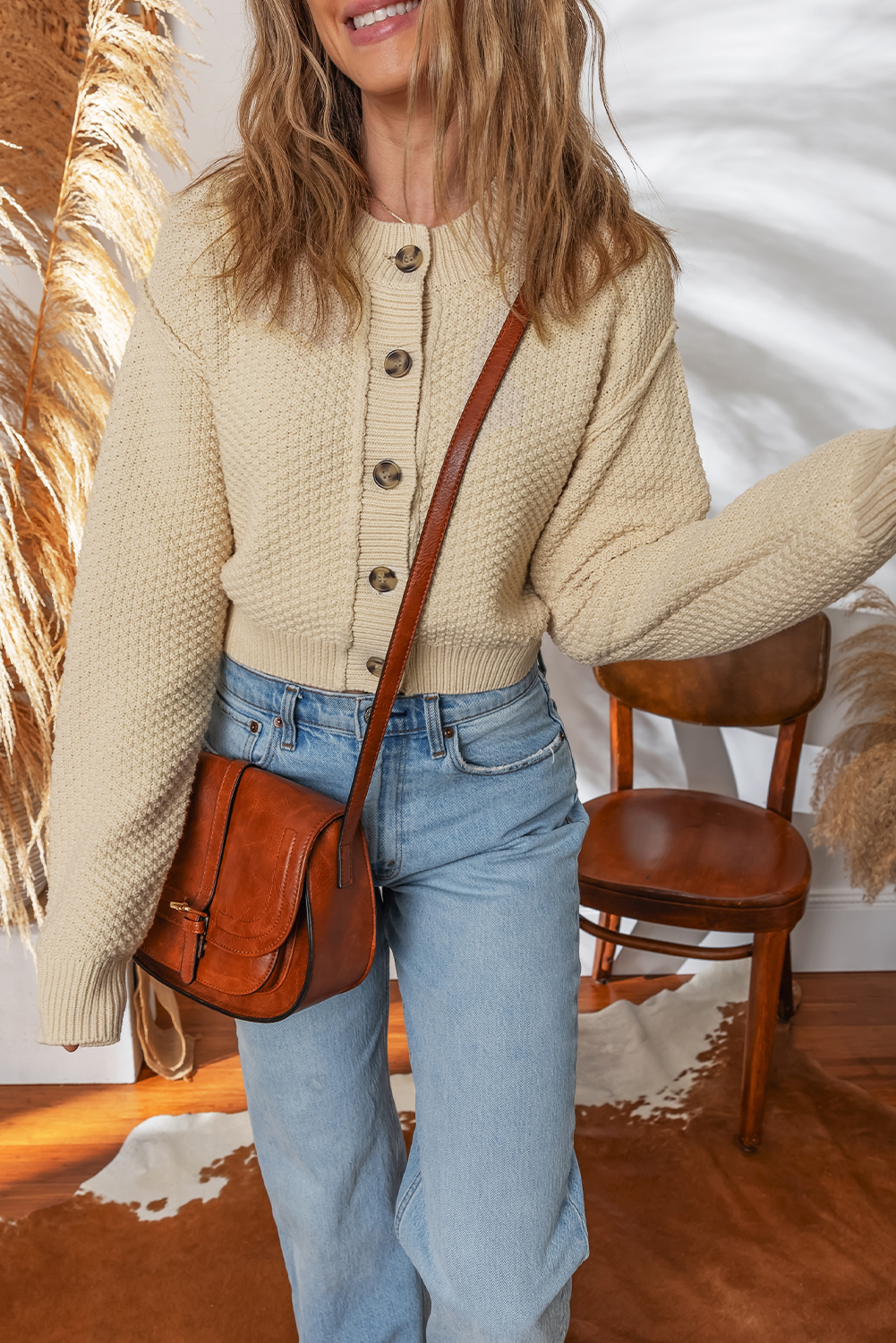 Versatile Women's Beige Shift Silhouette Cardigan – Round Neck Cropped Sweater for Everyday Casual Style - Detail View 6 Versatile Women's Beige Shift Silhouette Cardigan – Round Neck Cropped Sweater for Everyday Casual Style - Detail View 6