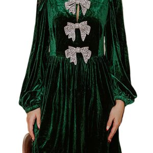 Evergreen Bowknot Decor High Waist Velvet Mini Dress for Women - Elegant A-Line Style - Main View