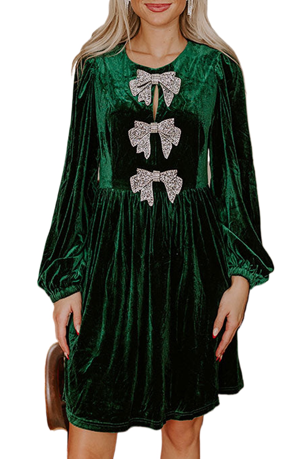 Evergreen Bowknot Decor High Waist Velvet Mini Dress for Women - Elegant A-Line Style - Main View Evergreen Bowknot Decor High Waist Velvet Mini Dress for Women - Elegant A-Line Style - Main View