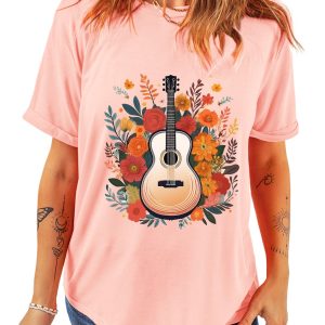 Women's Pink Guitar Flower Print Crew Neck Loose T-Shirt - Casual Summer Tee - Main View