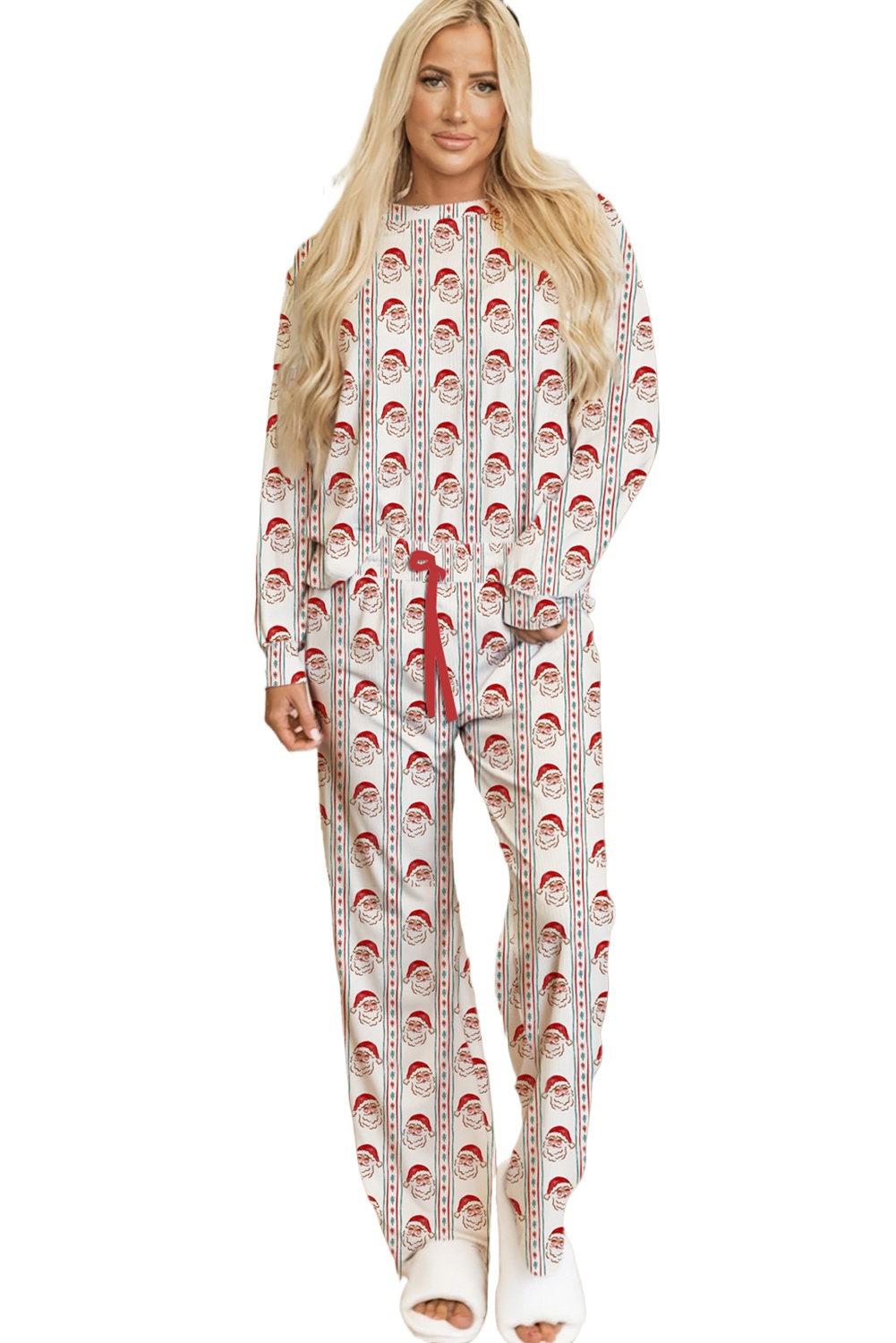 Women's White Christmas Striped Lounge Pant Set for Daily Comfort - Main View Women's White Christmas Striped Lounge Pant Set for Daily Comfort - Main View