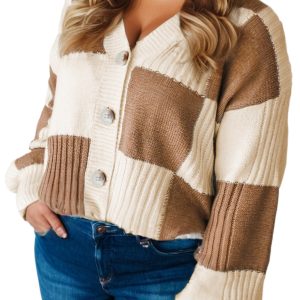 Women's Khaki Plaid Ribbed Knit Plus Size Cardigan for Daily Wear - Main View
