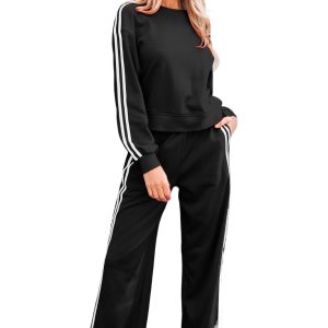 Women's Black Varsity Striped Detail Crewneck Pullover & Elastic Sweatpants 2-Piece Outfit - Main View