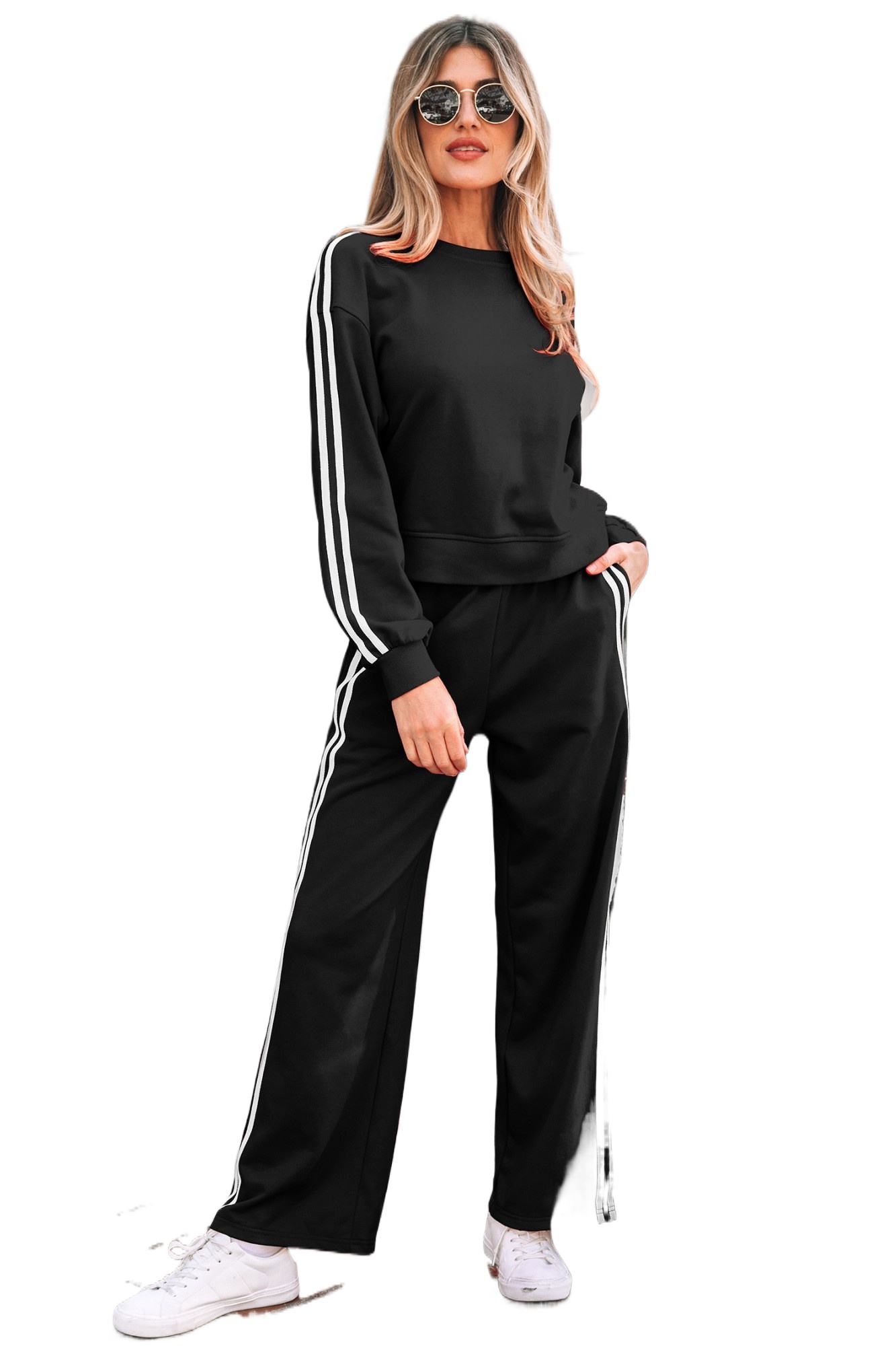 Women's Black Varsity Striped Detail Crewneck Pullover & Elastic Sweatpants 2-Piece Outfit - Main View Women's Black Varsity Striped Detail Crewneck Pullover & Elastic Sweatpants 2-Piece Outfit - Main View