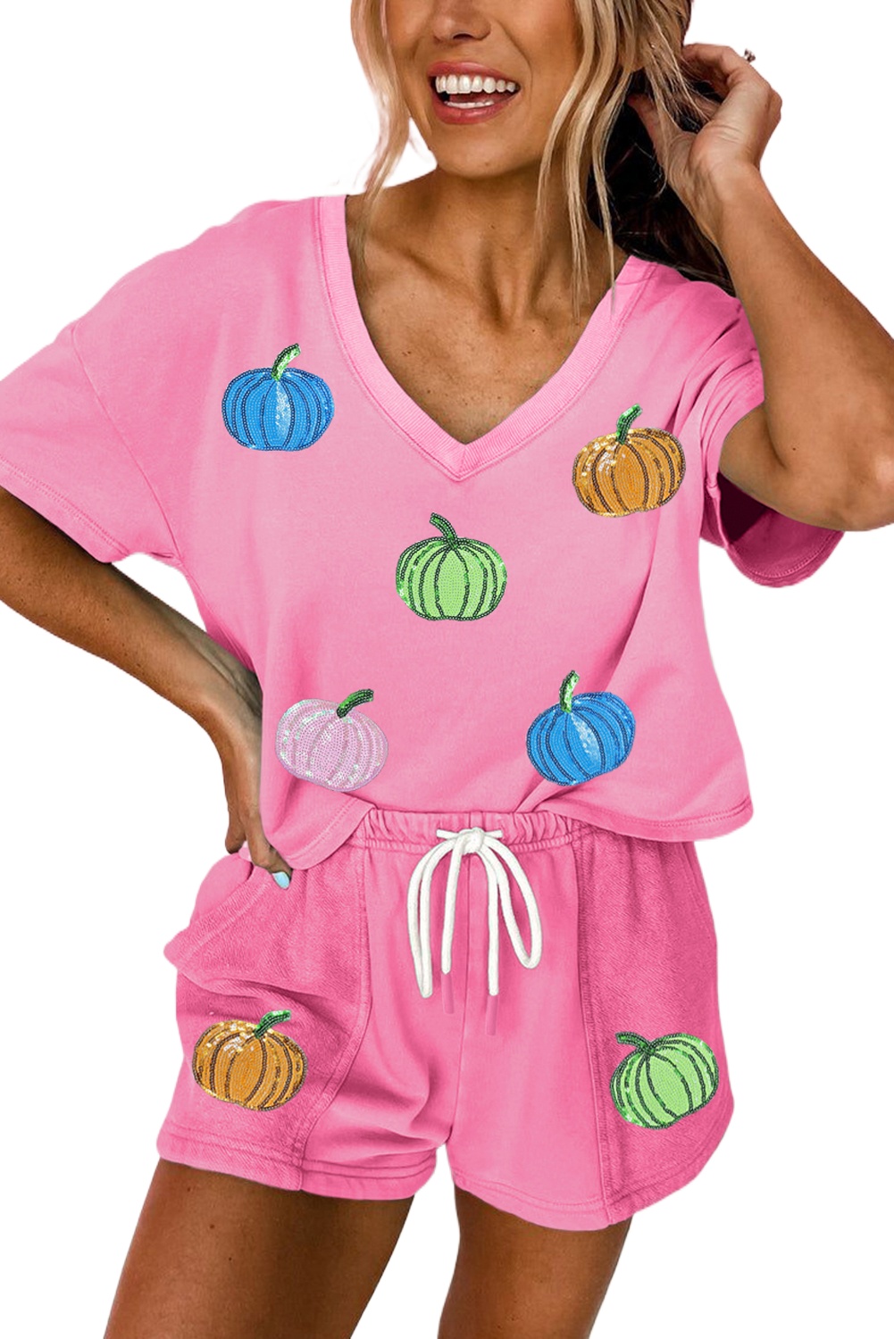 Stylish Bonbon Sequin V Neck Tee with High Waist Drawstring Shorts for Halloween - Detail View 2 Stylish Bonbon Sequin V Neck Tee with High Waist Drawstring Shorts for Halloween - Detail View 2