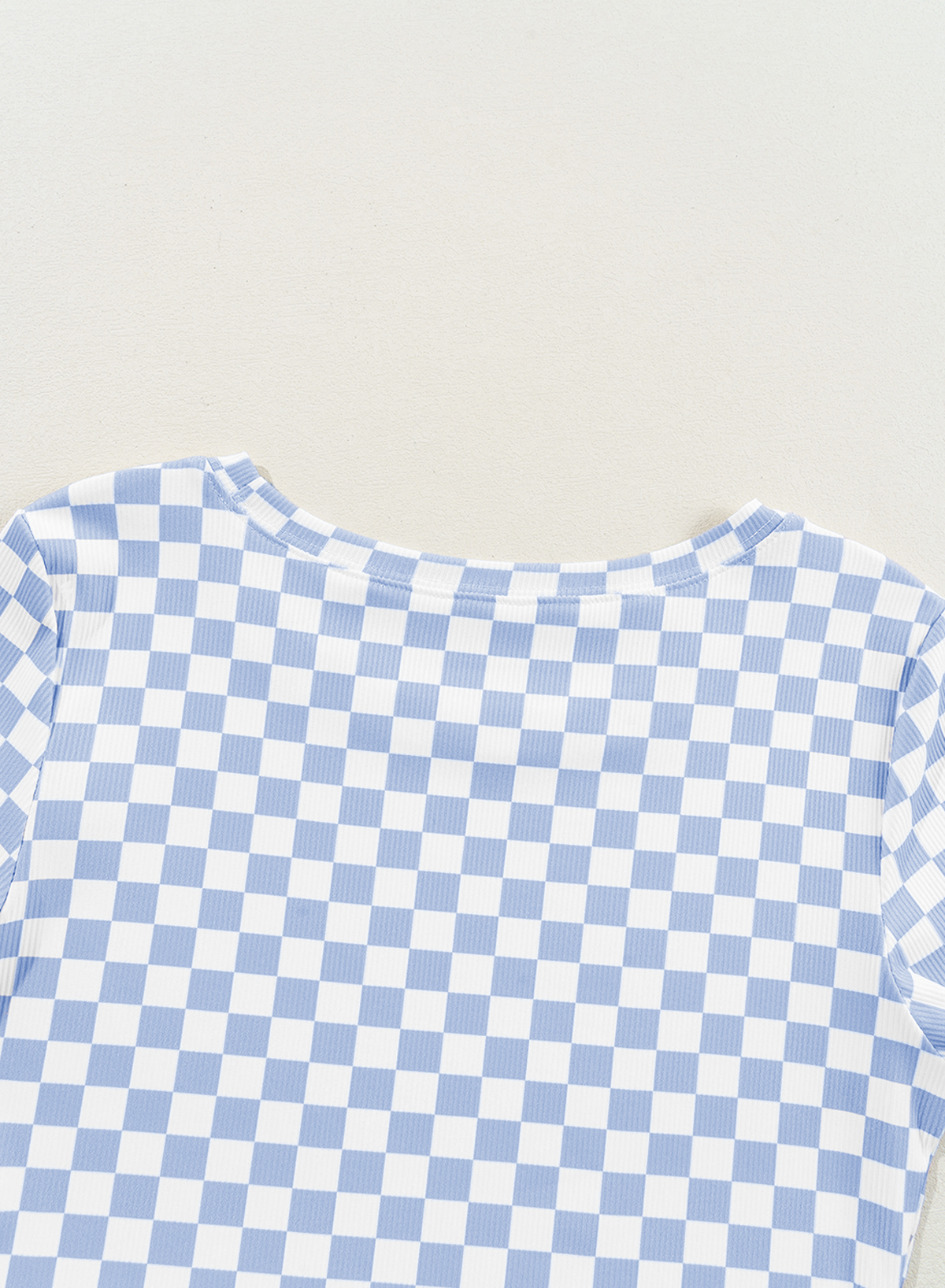 Chic Sky Blue Checkered Slim Fit Crew Neck Tee for Women – Perfect for Summer Casuals - Detail View 6 Chic Sky Blue Checkered Slim Fit Crew Neck Tee for Women – Perfect for Summer Casuals - Detail View 6