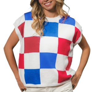Stylish Women's White Color Block Cap Sleeve Sweater with Checkered Print - Main View