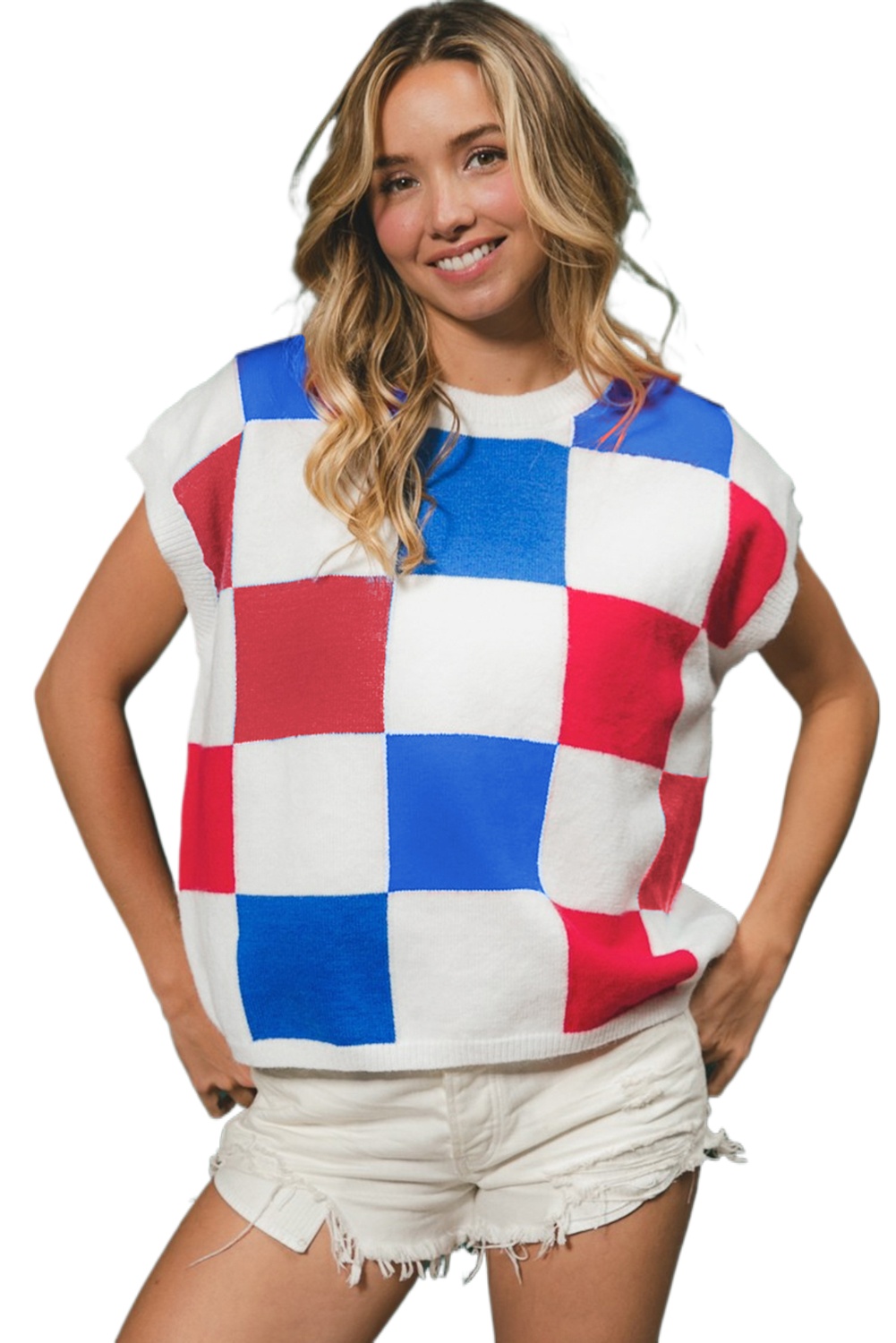 Stylish Women's White Color Block Cap Sleeve Sweater with Checkered Print - Main View Stylish Women's White Color Block Cap Sleeve Sweater with Checkered Print - Main View