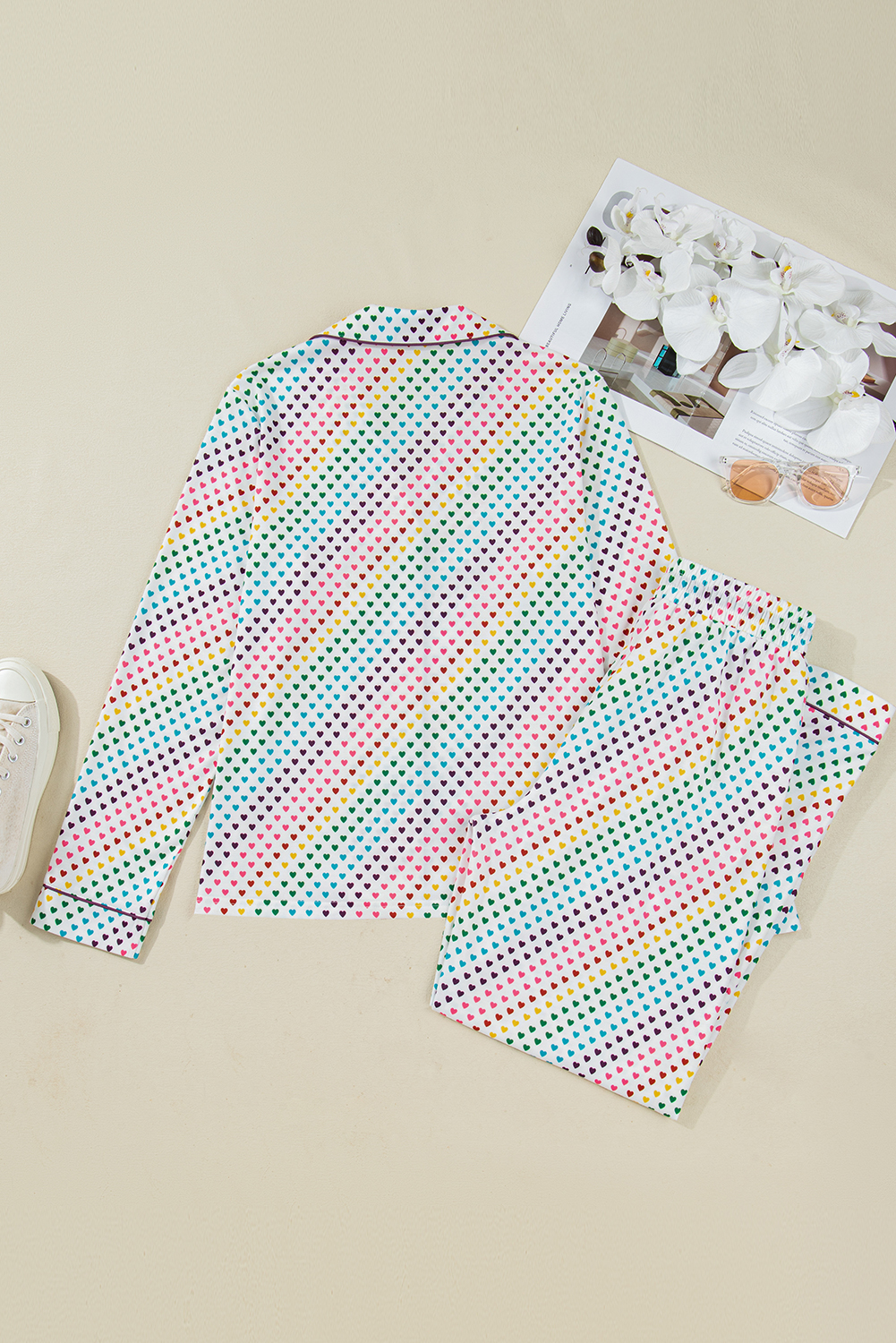 Women's All-Over Heart Long Pajama Set in White for Relaxed Evenings - Detail View 6 Women's All-Over Heart Long Pajama Set in White for Relaxed Evenings - Detail View 6