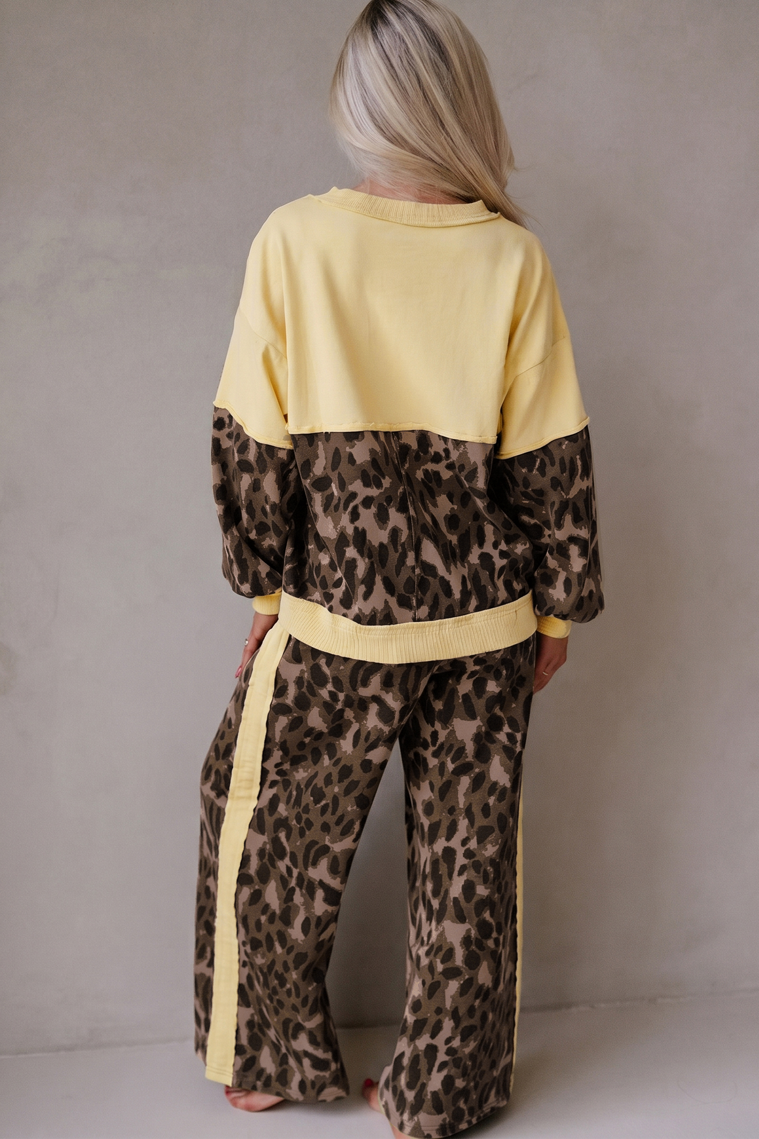 Leopard Color Block Pant Set, Trendy Wide Leg Autumn Outfit - Detail View 17 Leopard Color Block Pant Set, Trendy Wide Leg Autumn Outfit - Detail View 17