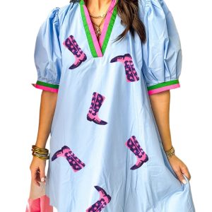 Women's Myosotis Sequined Cowgirl Boots Graphic Dress with Contrast V Neckline and Half Puff Sleeves - Main View