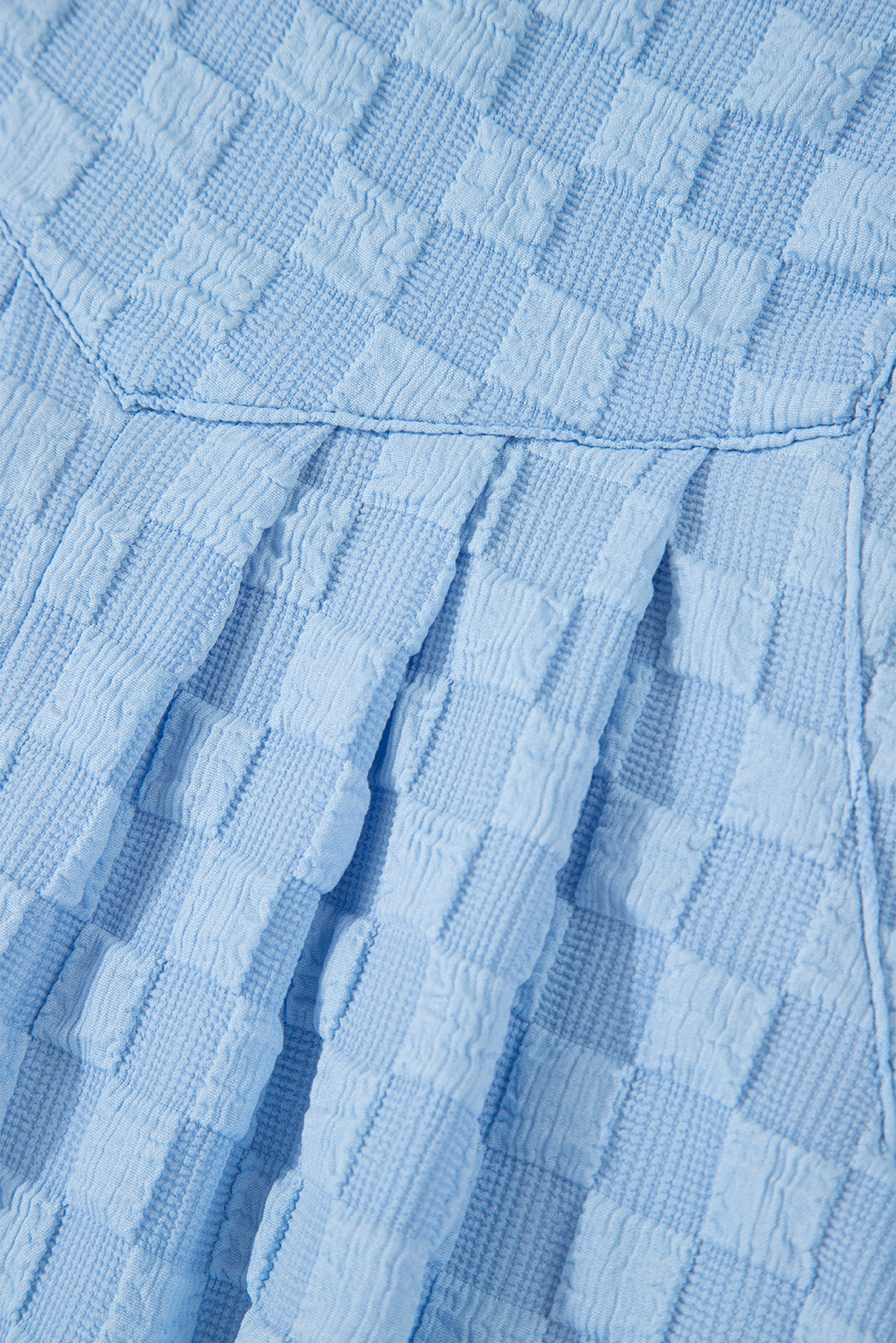 Women's Beau Blue Overall, Textured Plaid Wide Leg Jumpsuit - Detail View 10 Women's Beau Blue Overall, Textured Plaid Wide Leg Jumpsuit - Detail View 10