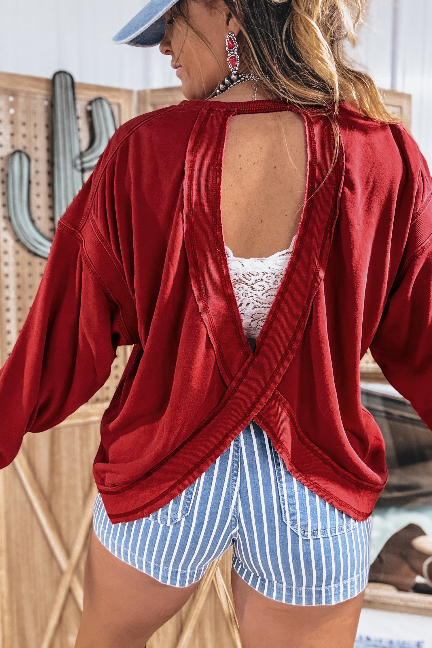 Women's Casual Red Sweatshirt, Comfortable Ribbed Back Detail - Detail View 9 Women's Casual Red Sweatshirt, Comfortable Ribbed Back Detail - Detail View 9