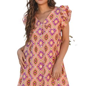 Women's Orange Geometric Floral V Neck Mini Dress with Ruffled Sleeves - Main View