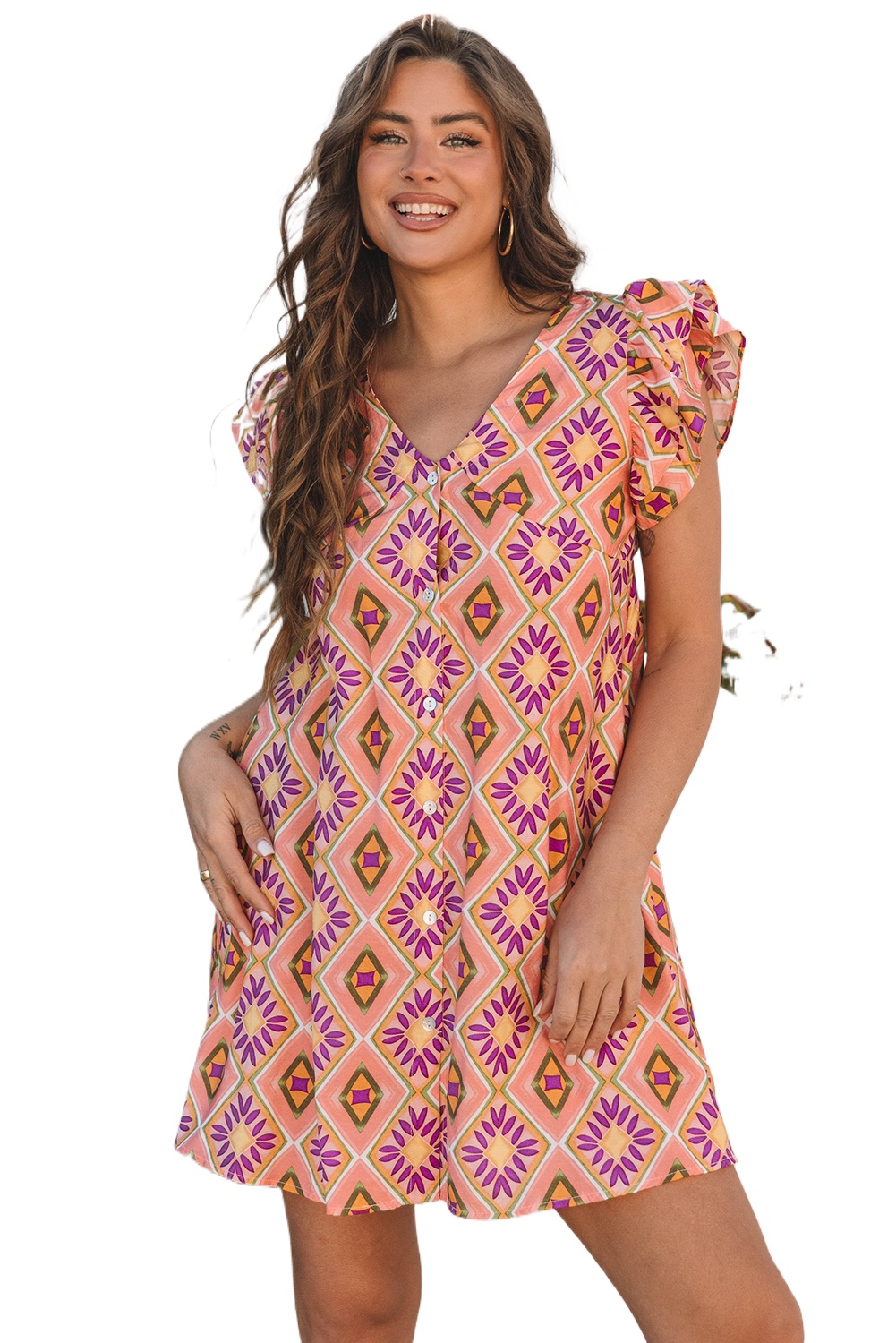 Women's Orange Geometric Floral V Neck Mini Dress with Ruffled Sleeves - Main View Women's Orange Geometric Floral V Neck Mini Dress with Ruffled Sleeves - Main View