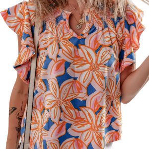 Charming Women's Orange Summer Flower Print Blouse with Ruffle Sleeves - Main View