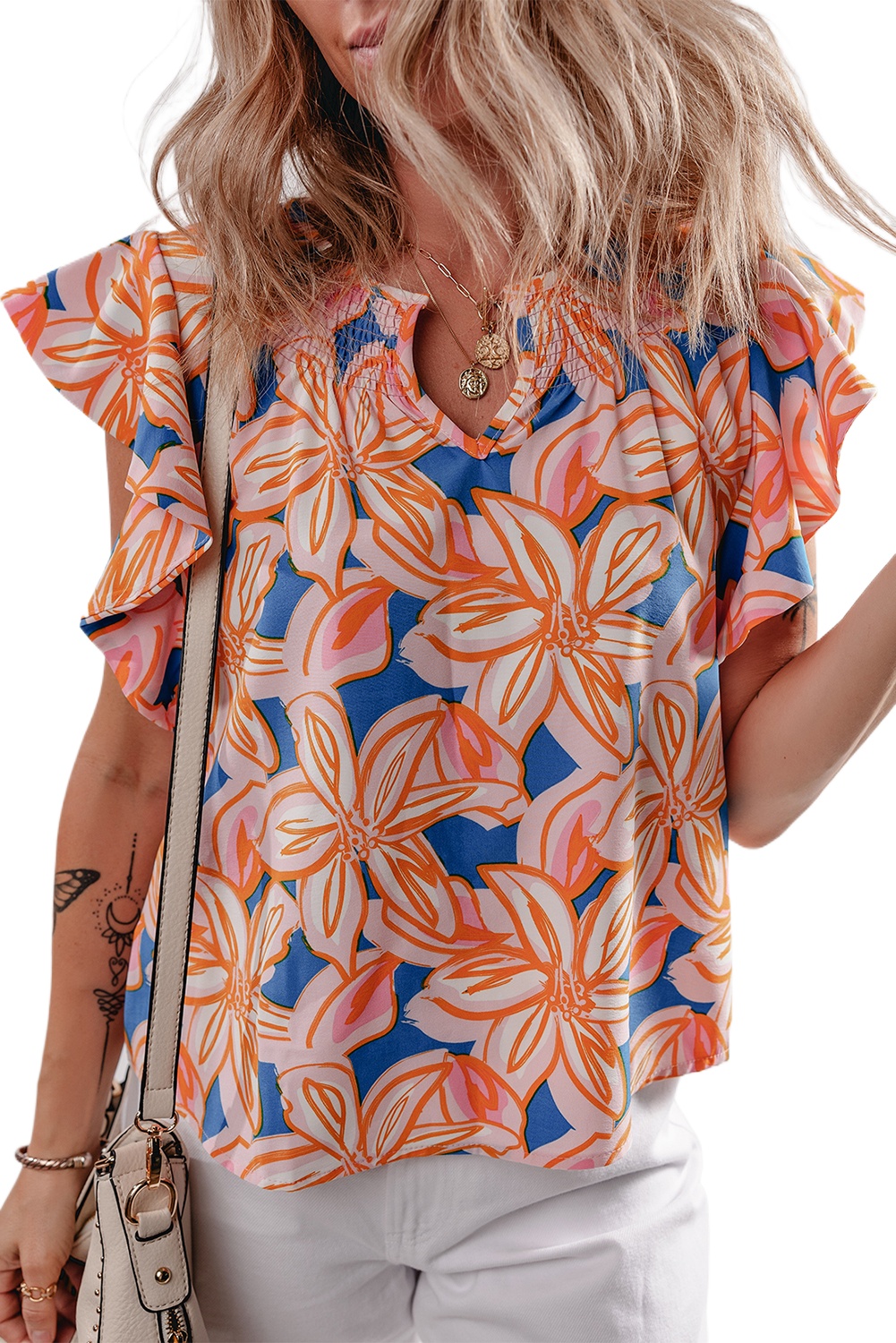 Charming Women's Orange Summer Flower Print Blouse with Ruffle Sleeves - Main View Charming Women's Orange Summer Flower Print Blouse with Ruffle Sleeves - Main View