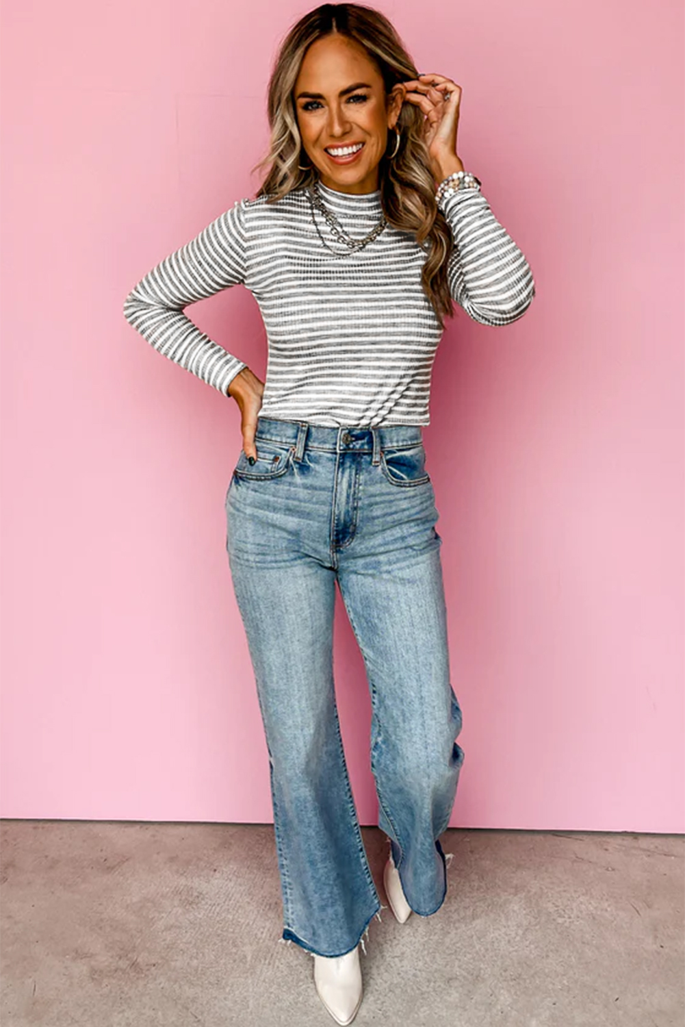 Women's Gray Stripe Ribbed High Neck Slim Fit Long Sleeve Top - Casual Fall Fashion - Detail View 5 Women's Gray Stripe Ribbed High Neck Slim Fit Long Sleeve Top - Casual Fall Fashion - Detail View 5