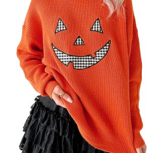 Women's Halloween Pumpkin Sweater, Orange Long Sleeve Knit - Main View