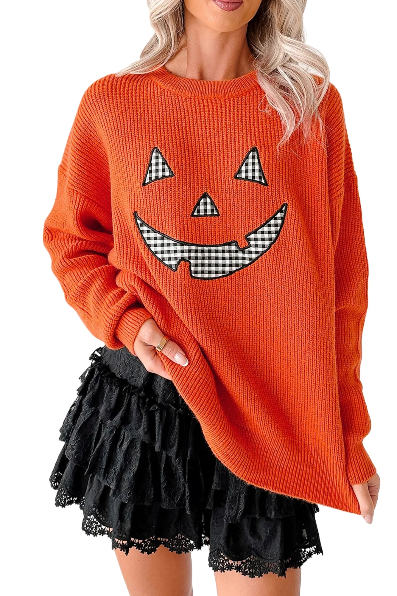 Women's Halloween Pumpkin Sweater, Orange Long Sleeve Knit - Main View Women's Halloween Pumpkin Sweater, Orange Long Sleeve Knit - Main View