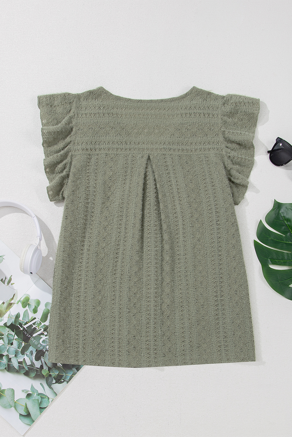 Women's Stylish Laurel Green Sheath Top with Flattering V Neck and Lace Details - Detail View 11 Women's Stylish Laurel Green Sheath Top with Flattering V Neck and Lace Details - Detail View 11
