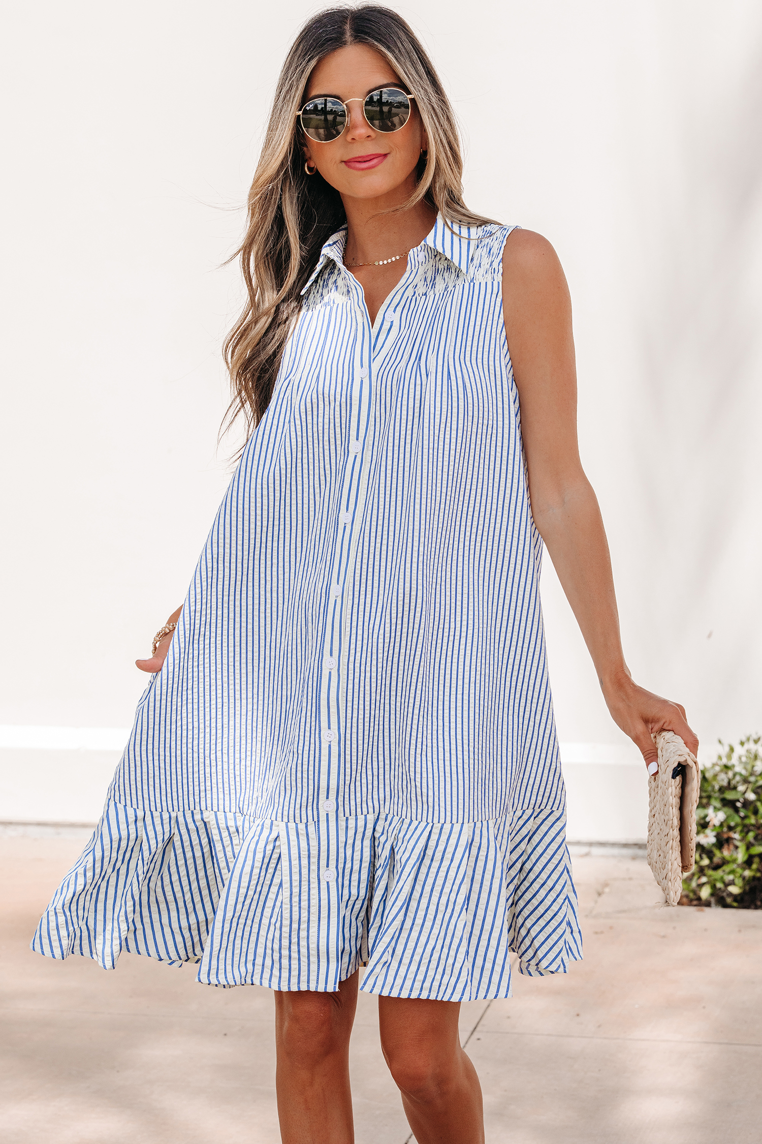 Sky Blue Stripe Sleeveless Dress for Women – Modern Ruffle Hem Summer Dress for Beach Vacations - Detail View 5 Sky Blue Stripe Sleeveless Dress for Women – Modern Ruffle Hem Summer Dress for Beach Vacations - Detail View 5
