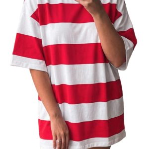 Women's Racing Red Striped Color Block Oversize Tunic Tee – Casual Everyday Style - Main View