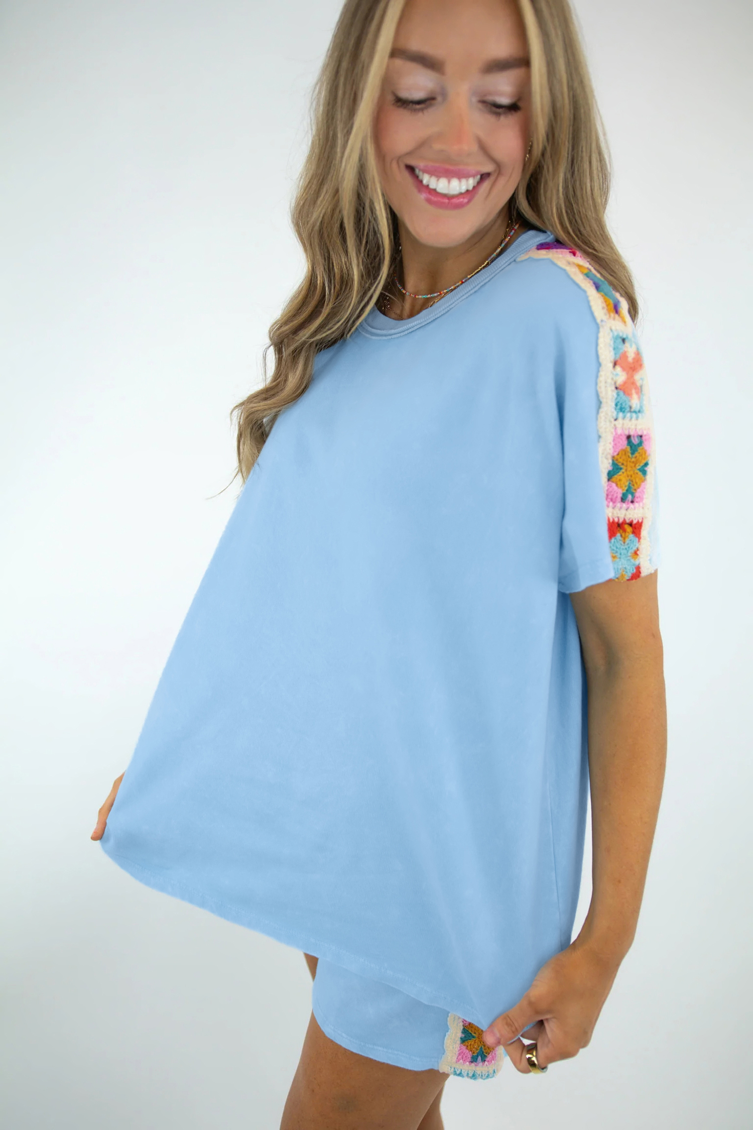 Chic Women's Cotton Blend Crochet Detail Set – Mist Blue Short Sleeve Shift Outfit for Gifting - Detail View 6 Chic Women's Cotton Blend Crochet Detail Set – Mist Blue Short Sleeve Shift Outfit for Gifting - Detail View 6