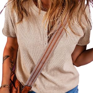 Women's Oatmeal Short Sleeve Half Button Ribbed Knit Top - Versatile Casual Wear - Main View