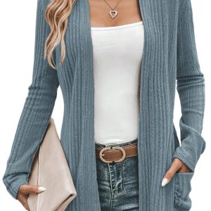 Women's Stone Blue Ribbed Open Front Knitted Top with Pockets – Casual Long Sleeve Layering Piece for Daily Wear - Main View