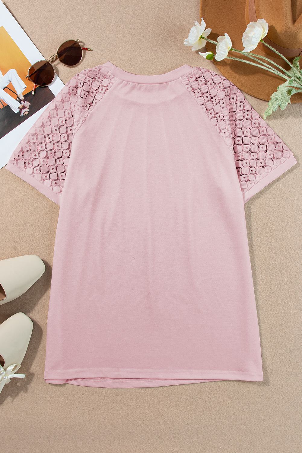 Casual Pink Lace Raglan Sleeve Top for Women – Trendy Shift Tee for Everyday Comfort - Detail View 12 Casual Pink Lace Raglan Sleeve Top for Women – Trendy Shift Tee for Everyday Comfort - Detail View 12