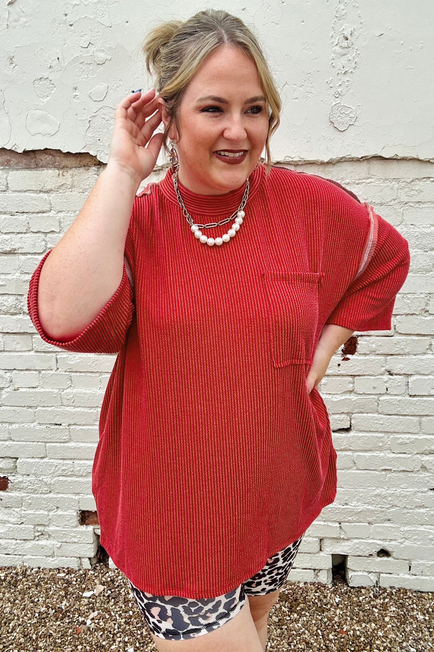 Women's Red Ribbed Tunic, Casual Bracelet Sleeve Top - Detail View 7 Women's Red Ribbed Tunic, Casual Bracelet Sleeve Top - Detail View 7