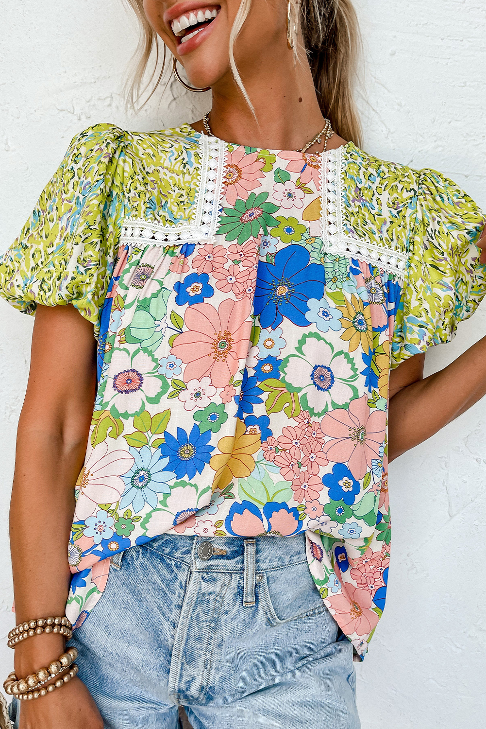 Summer Mixed Print Lace Trim Blouse, Women's Boho Casual Top - Detail View 2 Summer Mixed Print Lace Trim Blouse, Women's Boho Casual Top - Detail View 2