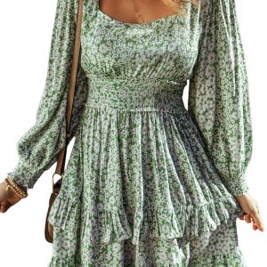 Women's Green Floral Print Square Neck Shirred Waist Ruffled Mini Dress - Main View