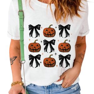 Women's White Halloween Pumpkin Face Bowknot Graphic T-Shirt - Main View
