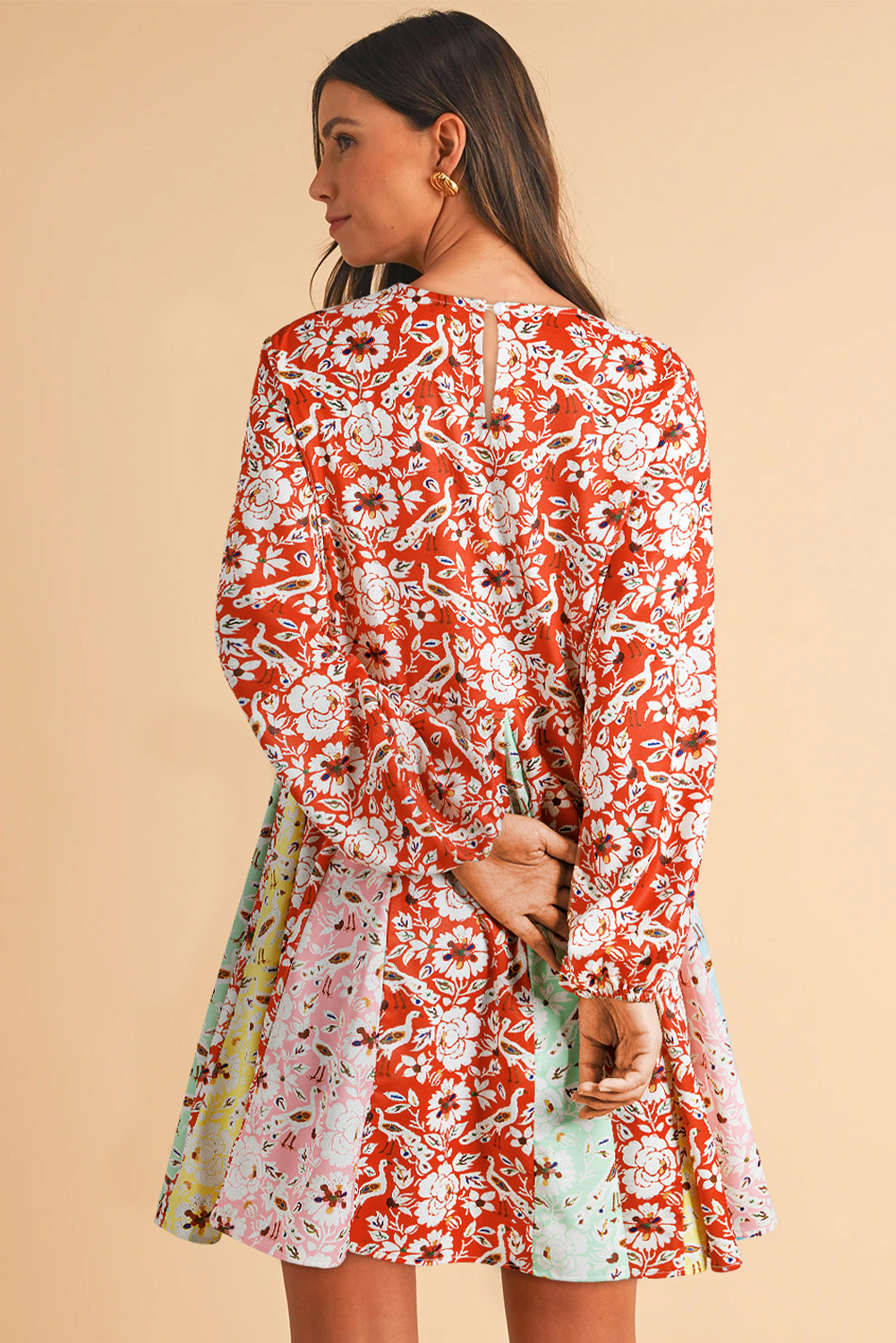 Chic Bohemian Style Red Floral Patchwork Dress with Pleated Details - Detail View 2 Chic Bohemian Style Red Floral Patchwork Dress with Pleated Details - Detail View 2