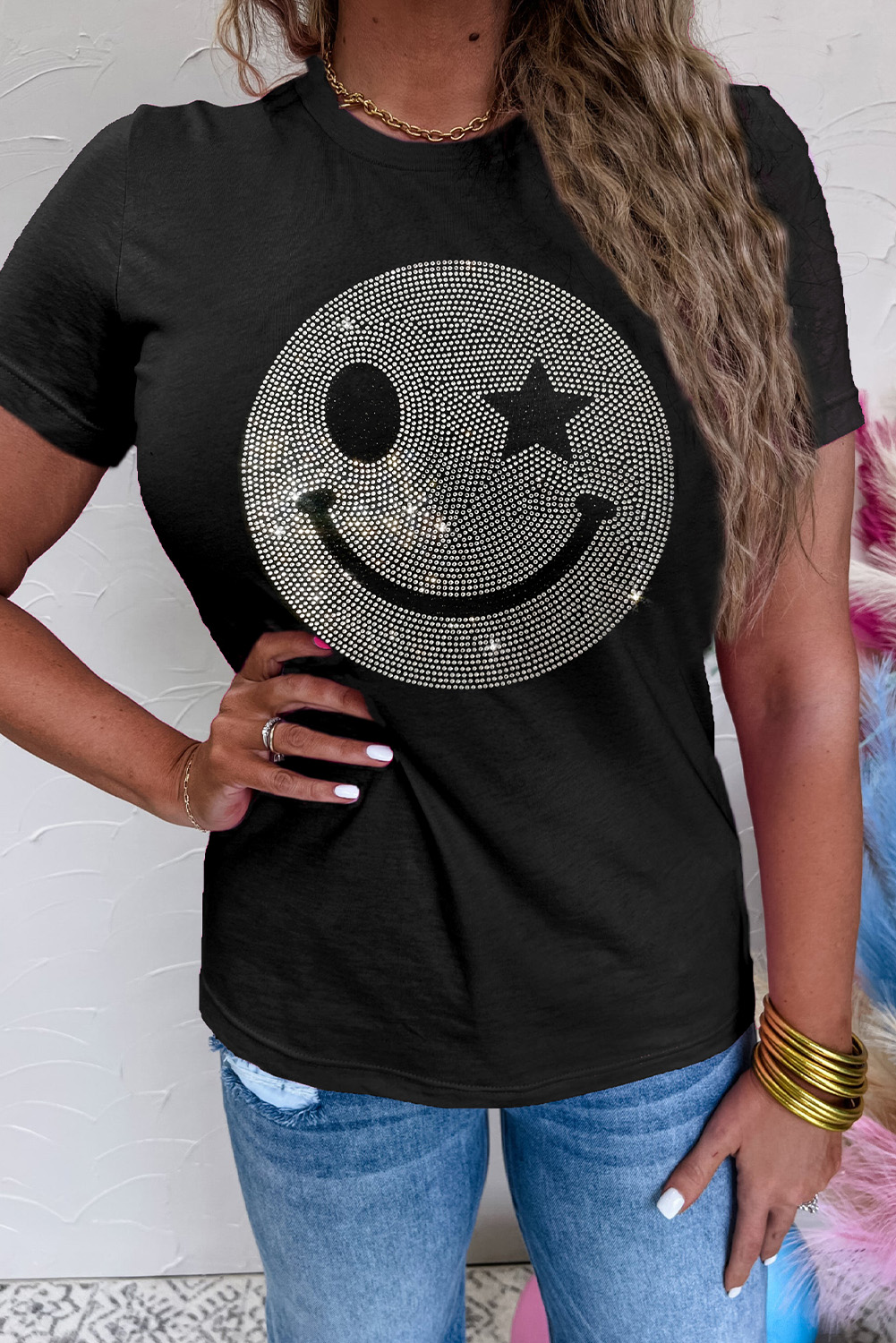 Casual Style: Black Rhinestone Smile Face Graphic Tee for Women - Detail View 2 Casual Style: Black Rhinestone Smile Face Graphic Tee for Women - Detail View 2