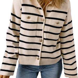 Women's Classic Black Stripe Flap Pocket Buttoned Cardigan Sweater - Main View